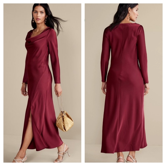 Soft Surroundings Solange satin long-sleeve dress Cabernet burgundy Sz 4 Holiday - Picture 2 of 8